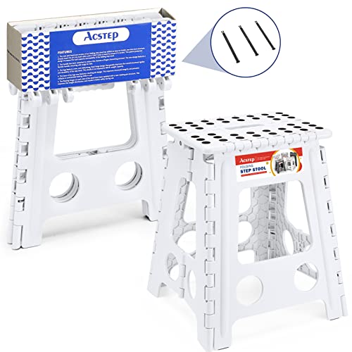 Acstep Folding Step Stool 16 Inch Stool Heavy Duty Plastic Foldable Step Stools For Adults And Kids, Stepping Stool With Handle, Folding Stool Suitable For Kitchen Hold Up To 400Lbs (White 1Pc) #TOP10