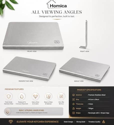 Image of Steel Chopping Board for Kitchen | Heavy-Duty Stainless Steel Kitchen Cutting Board | for Vegetables, Fruits, Meat & Fish | Anti-Skid, Food Safe & Rust Resistant Size 41.5 * 29 CM (Counter Top)