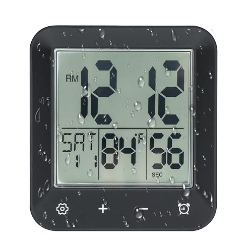 Digital Shower Clock Waterproof,Bathroom Extra Large LCD Screen Wall Clock Timer,Countdown,Moisture Proof,Anti Splash,Display Temperature,Time,Date and Day of the Week,Suction Cup,Hanging,Hole Stand