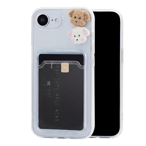 Chengyuanfeng Cover Trasparente per iPhone 16e con Porta Carte, Custodia Ultra-Sottile 1,5 mm in TPU Antigiallo Antiurto, Minimalista con 3D Cagnolino Applicato a Mano, per Viaggi, Serate e Caffè