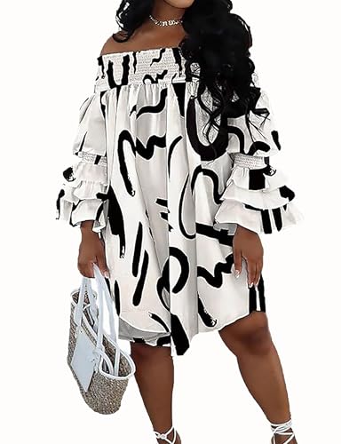 WOKANSE Party Dresses for Women Off Shoulder Layered Flare Sleeve A line Ruched Plus Size Midi Summer Dress Apricot XL