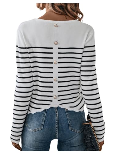 Verdusa Women's Striped Button Back Sweater Crew Neck Long Sleeve Scalloped Casual Pullovers