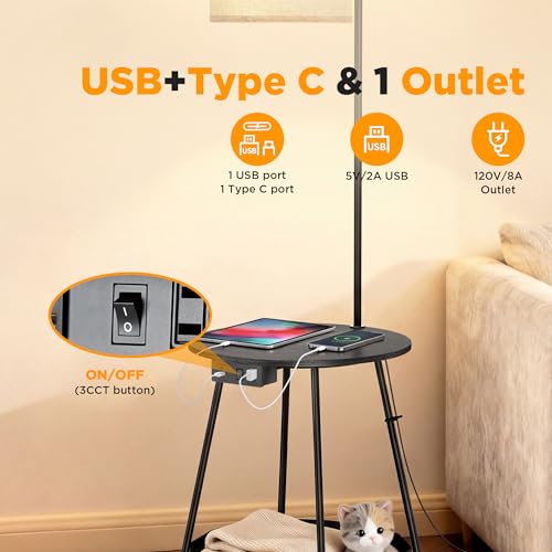 Image of LUTEC Floor Lamp with Table, End Table with Charging Station(USB & Type-C & AC Port), Round SideTable with Fabric Basket, 3 Color Temperatures 9W LED Bulb, Modern Nightstand for Bedroom, Living Room