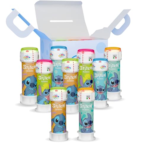 Bubble World Bolle di sapone Stitch Bolle di Sapone Bambini Ideale come gadget Compleanno Bambini Tubetti bianchi con soffiatore rosso integrato confezione da 12 pz da 60 ml Made in Italy
