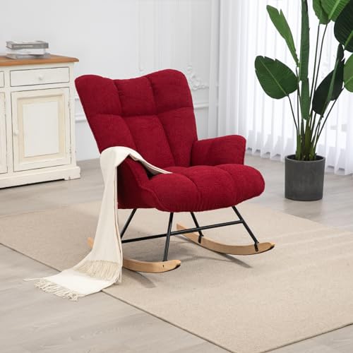 Image of SAETSFEG Nursery Rocking Chair Teddy, Upholstered Glider Rocker with High Backrest, Comfortable Stylish Accent Armchair with Padded Seat for Living Rooms, Bedrooms, Offices, Burgundy