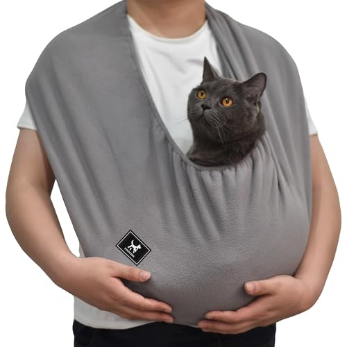 PAWPUBBY Ultra-Soft Polar Fleece Cat Sling Elastic One-Piece Cat Carrier for Indoor Home Use Metal-Free Pet Cuddle Bag Fits 3-13 lbs Dark Gray Medium