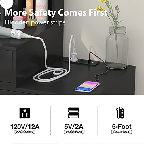 Pakalife Vanity Desk With Lights And Charging Station, Vanity Makeup Desk With Led Lights, Dressing Table With Storage Shelves, Drawers For Bedroom,Black #TOP3