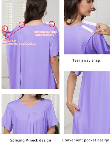 Image of Hospital Gowns for Women Open Back Tear Away Snap Post shoulder Dress Short Sleeve Soft Adaptive Clothing with Pockets
