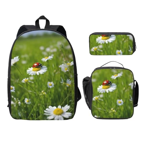 Sac à dos anti-charge lourde avec boîte déjeuner étanche et trousse scolaire Motif Daisy Noir