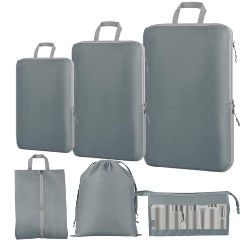 Compression Packing Cubes - 6 PCS Packing Cubes for Suitcases, Extensible Suitcase Organiser Bags Travel Luggage Organiser Set for Suitcase Backpack Travel Essentials or Home Storage (Grey)