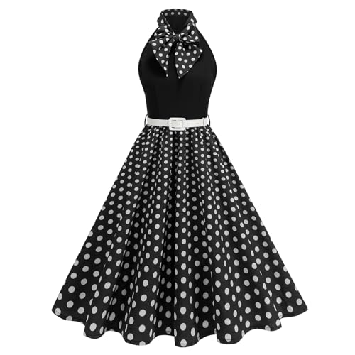 EFOGEP Damen 1950er Vintage Polka Dots Rockabilly Swing Kleid Hepburn Stil Neckholder Schleife 50er Retro A-Linie Midi Kleider Cocktail Party formelle...