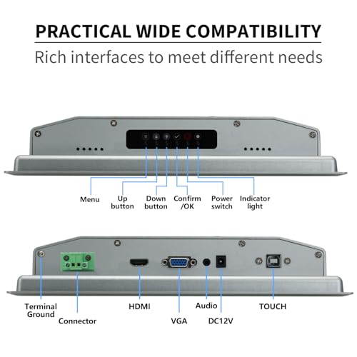 Image of 10.4 inch Industrial Embedded Touchscreen Monitor, Capacitive Multi-Touch Screen Industrial Front IP65 Monitor Built-in Speakers, HD-MI in, USB, VGA, 4:3 1024x768 Display