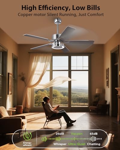 Image of 52 Inch Silver Ceiling Fans with Lights, Creative Modern Ceiling Fan and Remote for Bedroom Living Room with 3CCT, 6 Speeds, Quiet, Dual-Sided Reversible 5 Blades Indoor Outdoor Chandelier Fan