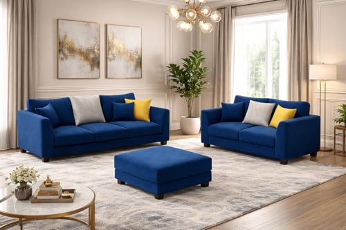 Image of SOCOZI Trevano 3+2 Seater Fabric Sofa Set with Ottoman | Soft Velvet Suede Upholstery | Modern Living Room Furniture (Blue-Light Grey)