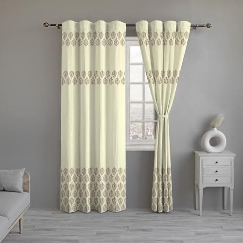 Image of Linenwalas Cotton Linen Semi Sheer Printed Curtains 5 Feet Long Set Of 2 Panels,Curtain For Window Home Decor Items For Living Room,Drapes With Back Loops (5 Feet,Betel Leaf) - Back Tab,Multicolor
