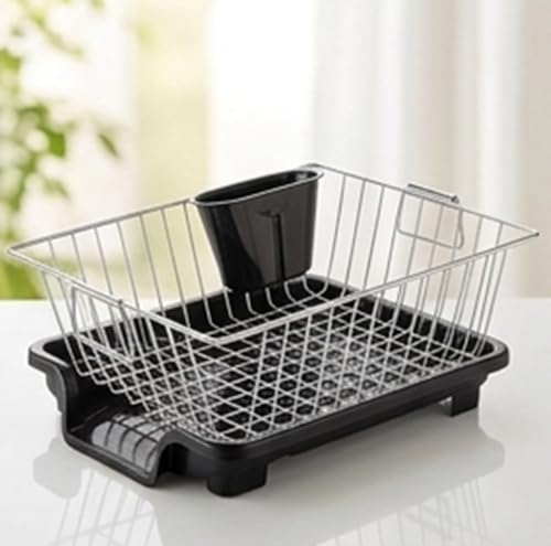 Image of Stainless Steel Dish Drying Rack with Drain Tray, Kitchen Countertop Dish Drainer Basket with Utensil Holder, Plate & Glass Organizer, Rustproof Compact Dish Rack for Kitchen Sink