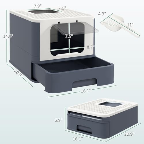 Caja de arena para gatos grande con tapa y pala, blanca miniatura 7