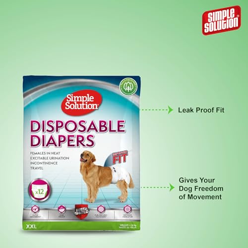 Image of Simple Solution Disposable Diapers for Dogs, Insta Shield Core, Leak-Proof, Fur-Friendly Fasteners, Ideal for Females in Heat, Incontinence & Travel - Pack of 12 (XXL)