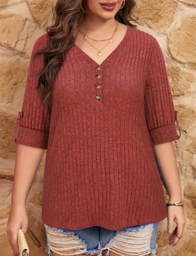 Image of Koscacy Women Plus Size V Neck 3 /4 Roll Sleeve Sweater Casual Knit Tops Solid Color Blouses