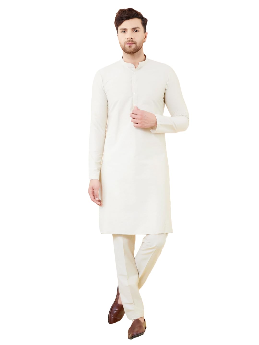 see designs Men Full Sleeve Mandarin Collar Side Slit Cotton Solid Straight Kurta with Matching Pyjama-picture-23
