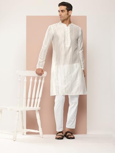 Image of See Designs Men's Long Sleeve Side Slit Chanderi Silk Sequins Mandarin Collar Kurta