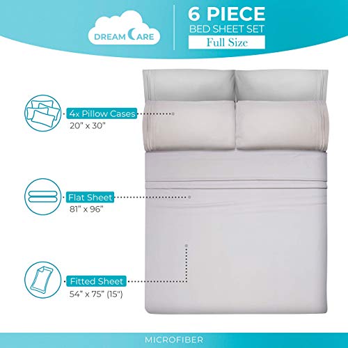 Image of DREAMCARE Full Size Sheets - 6 pcs Breathable Cooling Sheets Full Size Bed | up to 15 inch Deep Pocket Full Sheet Set with Side Pockets - Extra Soft Full Size Bed Sheets - Hotel Luxury Bed Sheets -LightGray