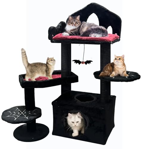 Gothic Cat Tree with Coffin Bed, Cat Tower with Scratching Post, Goth Cat Tower with Spacious Cat Condo Black Cat Tree with Regal Throne Bed, Black Spider Figurine