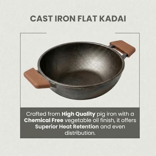 Image of HomeEssentials Pre-Seasoned Cast Iron Kadai with Silicone Grip, 24cm, 2.5-2.7L Capacity, 100% Pure Cast Iron Cookware, Naturally Non-Stick, Non-Toxic, Compatible with Gas, Ceramic & Electric Cooktops