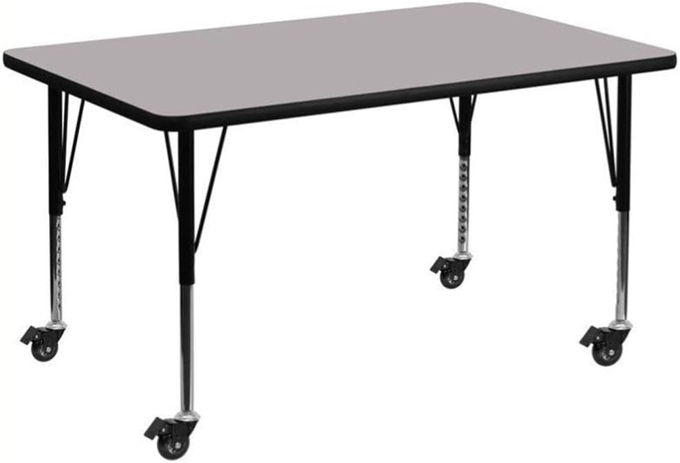 BOWERY HILL Rectangular Thermal Fused Laminate Activity Table, Gray Finish, Mobile Adjustable Steel Legs with Casters, Scratch and Stain Resistant Surface, 24x48 in, Durable Office or Classroom Table