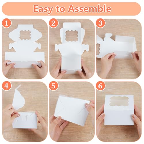 ZYFOTZUN 12 Pcs Cookie Boxes with Window, 6x6x3 Inches White Bakery Boxes, Treat Boxes with 50 Pcs Cookie Bags and 12 Pcs Stickers, for Dessert Pastry Chocolate Strawberries Macarons Donut Cupcake