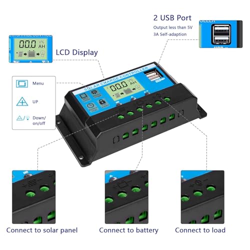 XTVTX Solar Laderegler 30A 12V/24V, Solar Ladegerät Controller Solarpanel Batterie Intelligente Solarregler mit Dual USB Port 5V Licht Timer,LCD Display, Solar Laderegler für Industrie, Zuhause