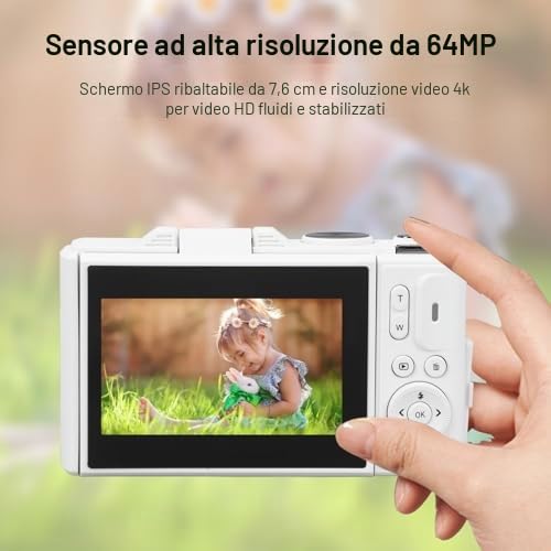 4K 64MP UHD 18X Zoom Digital Camera con Schermo a Flip da 3 Pollici, Fotocamera Digitale Compatta retrò AutoFocus, Fotocamera Digitale a Buon Mercato con Schermo a Flip per la