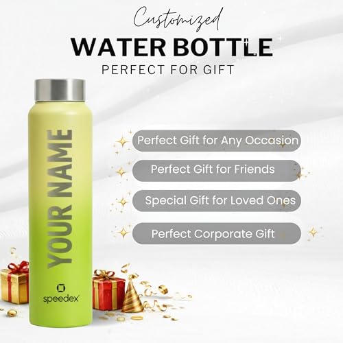Image of Speedex Customised Engraved Name Stainless Steel Water Bottle 1 Ltr - Personalised Screw Cap Bottle for Kids, Men & Women, School, Office, Gym, Lime Green, Set of 1