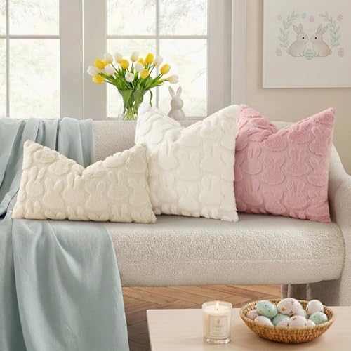 decorUhome Easter Bunny Pillow Covers 20x20 Inch Set of 2, Soft Plush Faux Wool Jacquard Cream White Rabbit Cushion Covers, Farmhouse Neutral Spring Easter Holiday Decor for Couch Sofa Bed — view 3