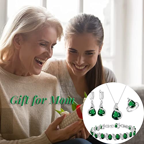 Gzwhd Jewelry Set For Women Created Green Emerald Necklace Earrings Open Ring Bracelet White Gold Plated Jewelry Birthday Anniversary Engagement Wedding Gift For Lover Wife Friends Mother Girlfriend Bride #TOP1