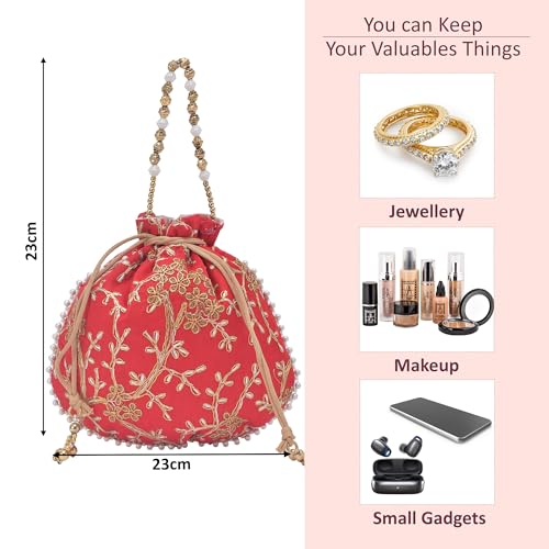 Image of Kuber Industries Pack of 3 Potli Bags for Ladies & Girls | Shagun Pouches for Festive Seasons | Embroidery Bridal Purse -Green, Pink & Red