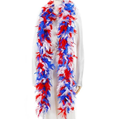 Larryhot 45g Red White Blue Feathers Boa - 2 Yards Turkey Feathers Boa for Party Bulk,Christmas,Mardi Gras,Masquerade Party,Carnival,Concert and Home Decoration(45g-Red White Blue)