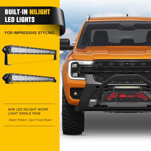 Nilight Bull Bar&License Plate Hole with LED Light Bar Compatible with Ford Ranger 2019 2020 2021 2022 2023 2024 2025 2026 Truck Brush Guard, Front Bumper Push Bar w/Grille Skid Plate Light Mount by Nilight - Image 4