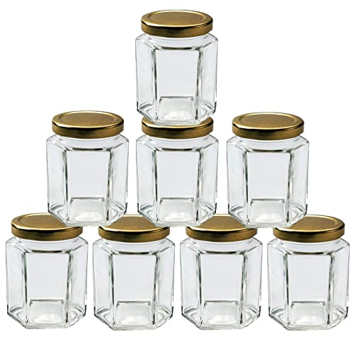 Offer Shop 190ml / 7 oz Hexagonal Glass Jars with Lid - Pack of 8 Clear Airtight Preserving Glass Jars for Jam, Yogurt, Pickle