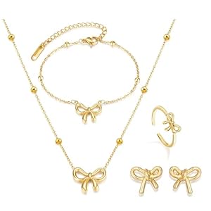 Bow Jewelry Set Bow Necklace Earrings Bracelet Sets for Women Bowknot Ribbon Pendant Necklace Christmas Gifts Stocking Stuffers