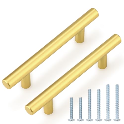 Probrico 30 Pack 3-3/4 Inch Center-to-Center Kitchen Cabinet Pulls T Bar Gold Cabinet Handles Modern Drawer Hardware Dresser Pulls, 6 Inch Total Length