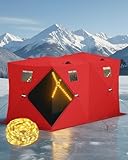 FinerFurnis Pop-Up Ice Fishing Shelter for 5-7 Persons,Portable Insulated Ice Fishing Tent with 49ft LED Light Strip,Carry Bag & Anchors,69 Sq ft Fishable Area, Windproof,Red