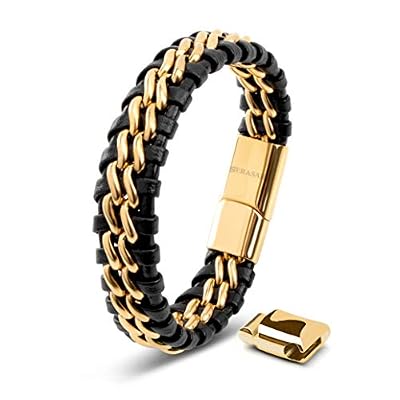 SERASAR | Premium Genuine Leather Bracelet [Steel] for Men in Black | Magnetic Stainless Steel Clasp in Black, Silver and Gold | Exclusive Jewellery Box | Great Gift Idea