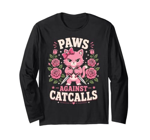 Paws Against Catcalls Chat Rose féroce Art Floral féministe Manche Longue