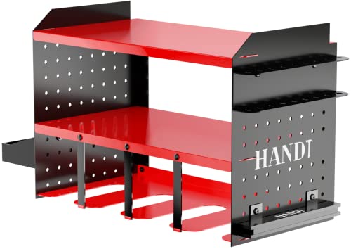 HANDT Power Tool Organizer, Wall Mount Drill Holder Garage Storage Rack, Pegboard Screwdriver Holder with Magnet Bar & Organization Bin, Cordless Drill Battery Charging Station Utility Shelf, Red - Thumbnail 6