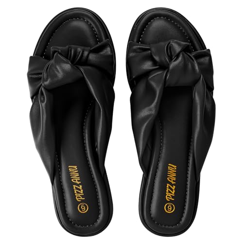 PIZZ ANNU Women's Camila Knotted Slide Sandals with Memory Foam, Comfortable Leather Slip-On Dressy Flat Sandals for Summer & Beach, Black 8.5 by PIZZ ANNU - Used condition - Image 5
