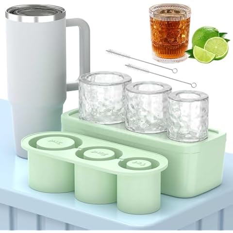 Ice Molds for Stanley 20-40 oz Tumbler Cup, Silicone Ice Cube Tray with Lid and Bin, With 2 Brushes, Large Cylinder Ice Maker for Drink, Juice, Whiskey, Cocktail, BPA Free(Green) Cover