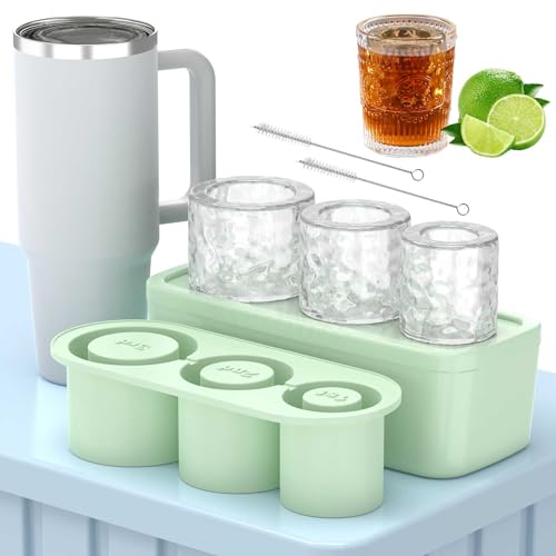 Ice Molds for Stanley 20-40 oz Tumbler Cup, Silicone Ice Cube Tray with Lid and Bin, With 2 Brushes, Large Cylinder Ice Maker for Drink, Juice, Whiskey, Cocktail, BPA Free(Green)