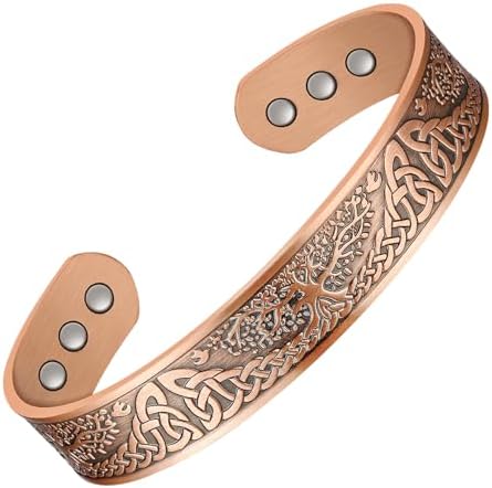 Jecanori Copper Magnetic Bracelets for Men, Tree of Life Pattern Solid Copper Brazaletes with 12pcs Ultra Strong Magnets,Adjustable Size Cuff Bangle with Jewelry Gift Box