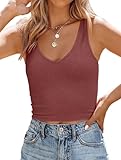 BONITEE Women's Casual Sleeveless V Neck Crop Tank Tops Elastic Slim Fit Workout Tops Base Layer Summer Clothe Rust M